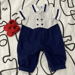 RARE! Vintage Toddle Tyke Baby Boy Outfit Romper Polka Dots Collared 6m 6 Months